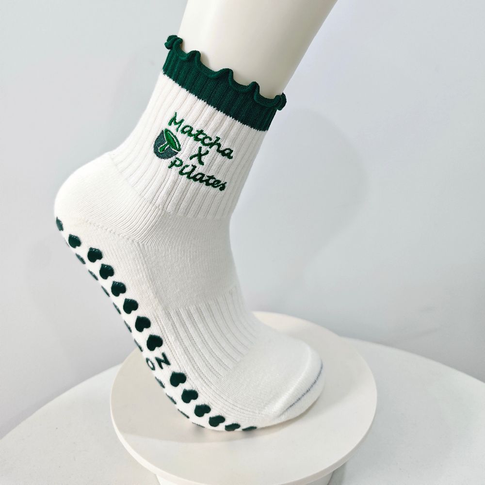 Pilates Socks in White with Green Highlights